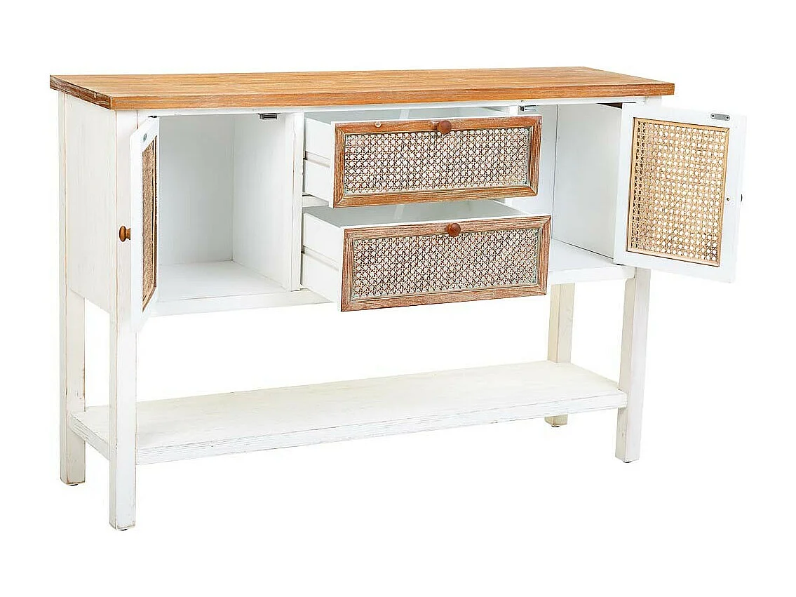 Aparador de madera y ratan con 2 cajones y 2 puertas 122x35,5x82h cm