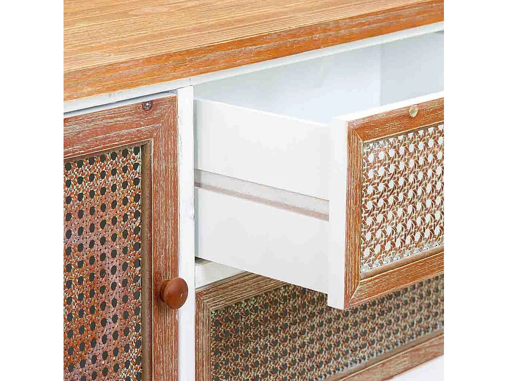Aparador de madera y ratan con 2 cajones y 2 puertas 122x35,5x82h cm
