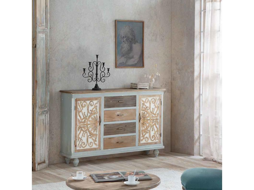 Credenza in legno con 2 porte e 4 cassetti finitura invecchiata 155x36x101,5
