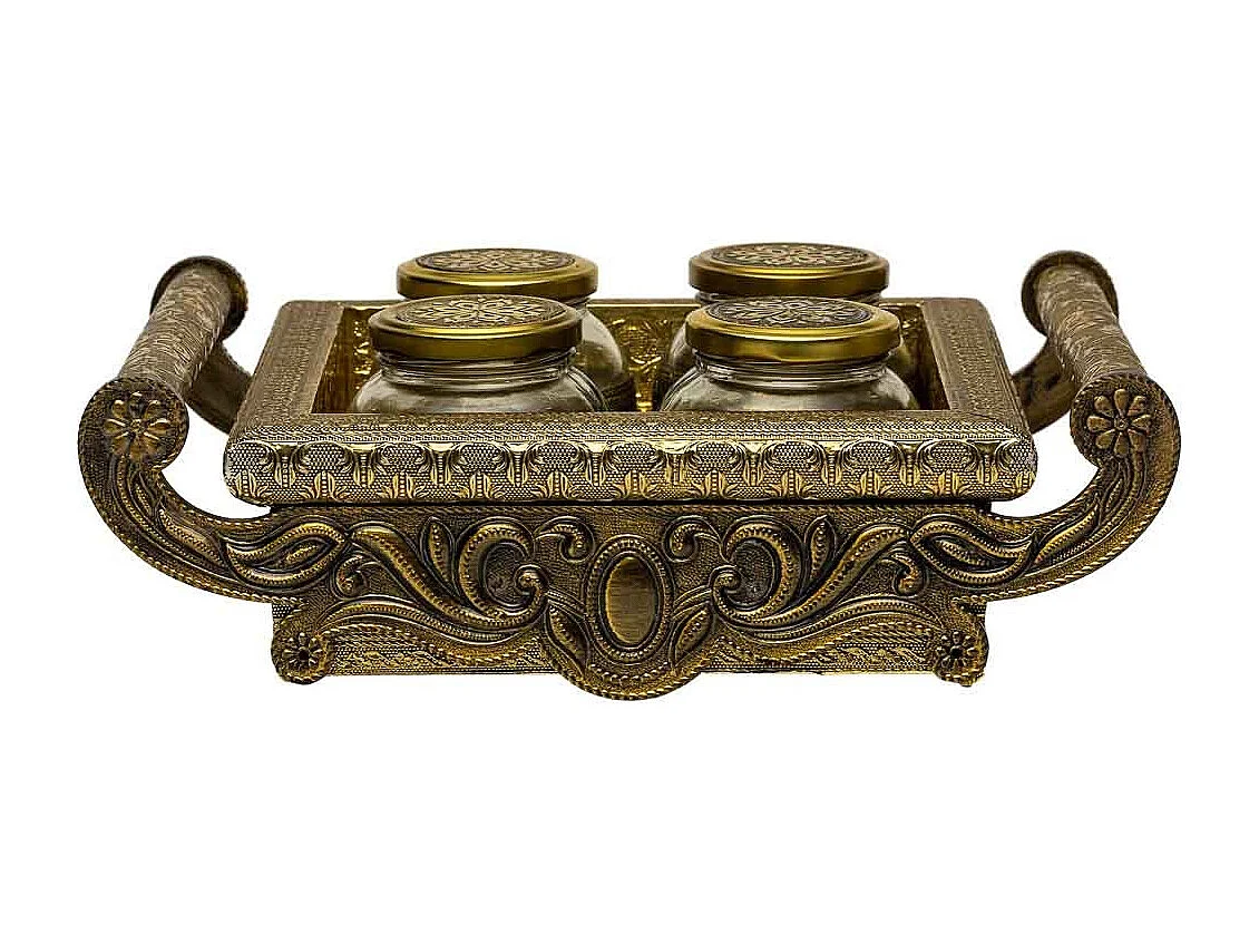 Bandeja de metal com relevo dourado 33x27,5x7