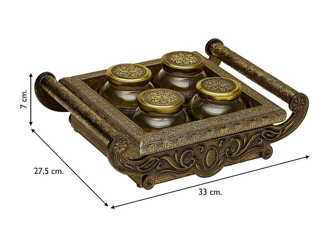 Bandeja de metal com relevo dourado 33x27,5x7