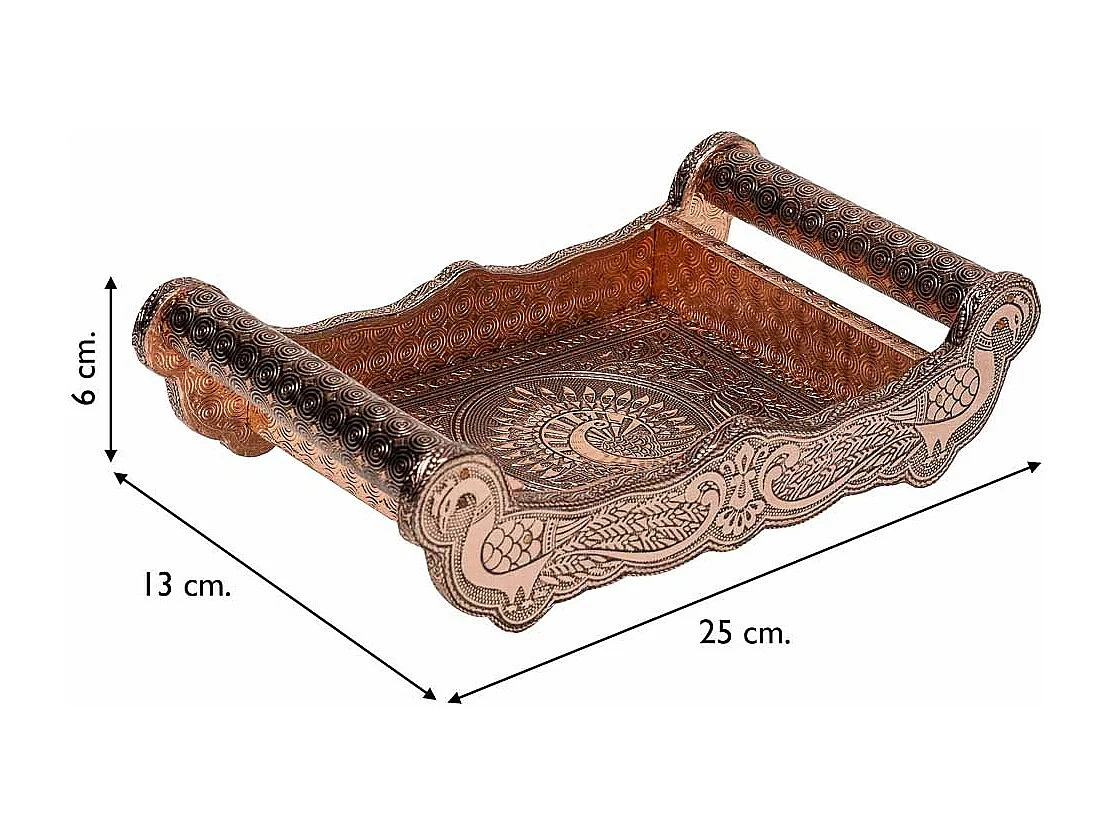 Bandeja de metal com relevo cor cobre 25x13x6