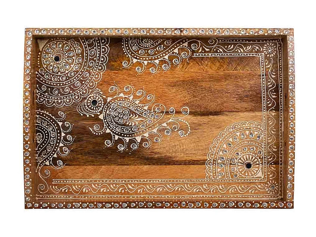 Bandeja de madeira pintada à mão branca 43x29x6