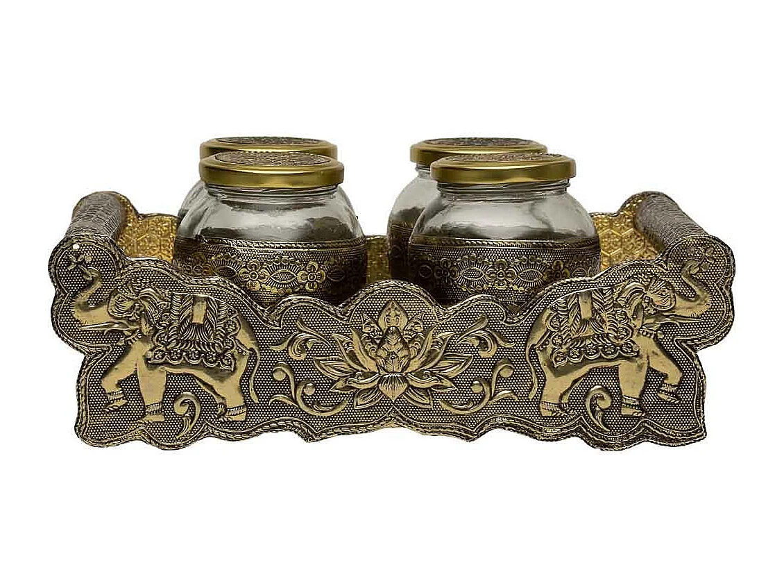 Bandeja de metal com relevo dourado 25x13x6