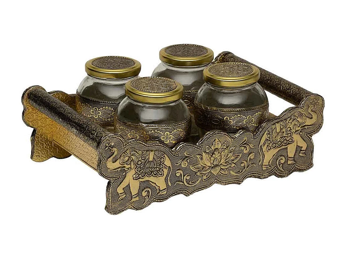 Bandeja de metal com relevo dourado 25x13x6