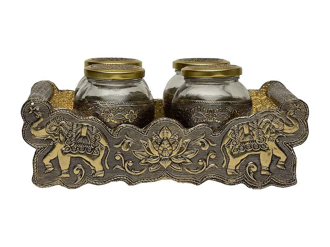 Bandeja de metal com relevo dourado 25x13x6