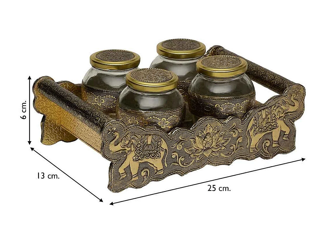 Bandeja de metal com relevo dourado 25x13x6