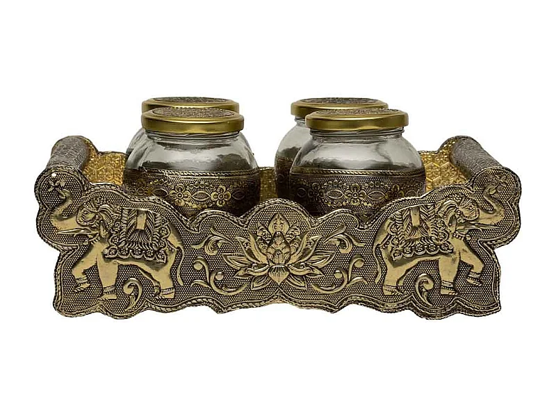 Bandeja de metal com relevo dourado 25x13x6