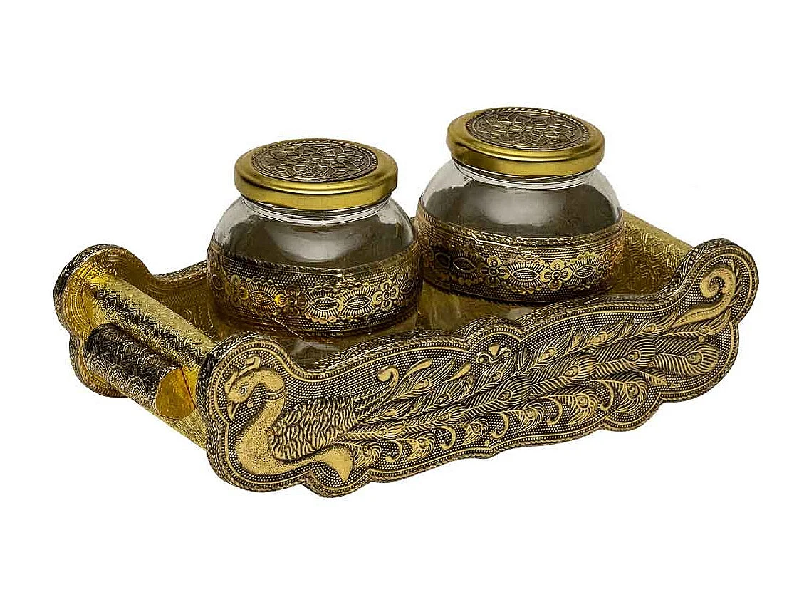 Bandeja de metal com relevo dourado 21x14x5