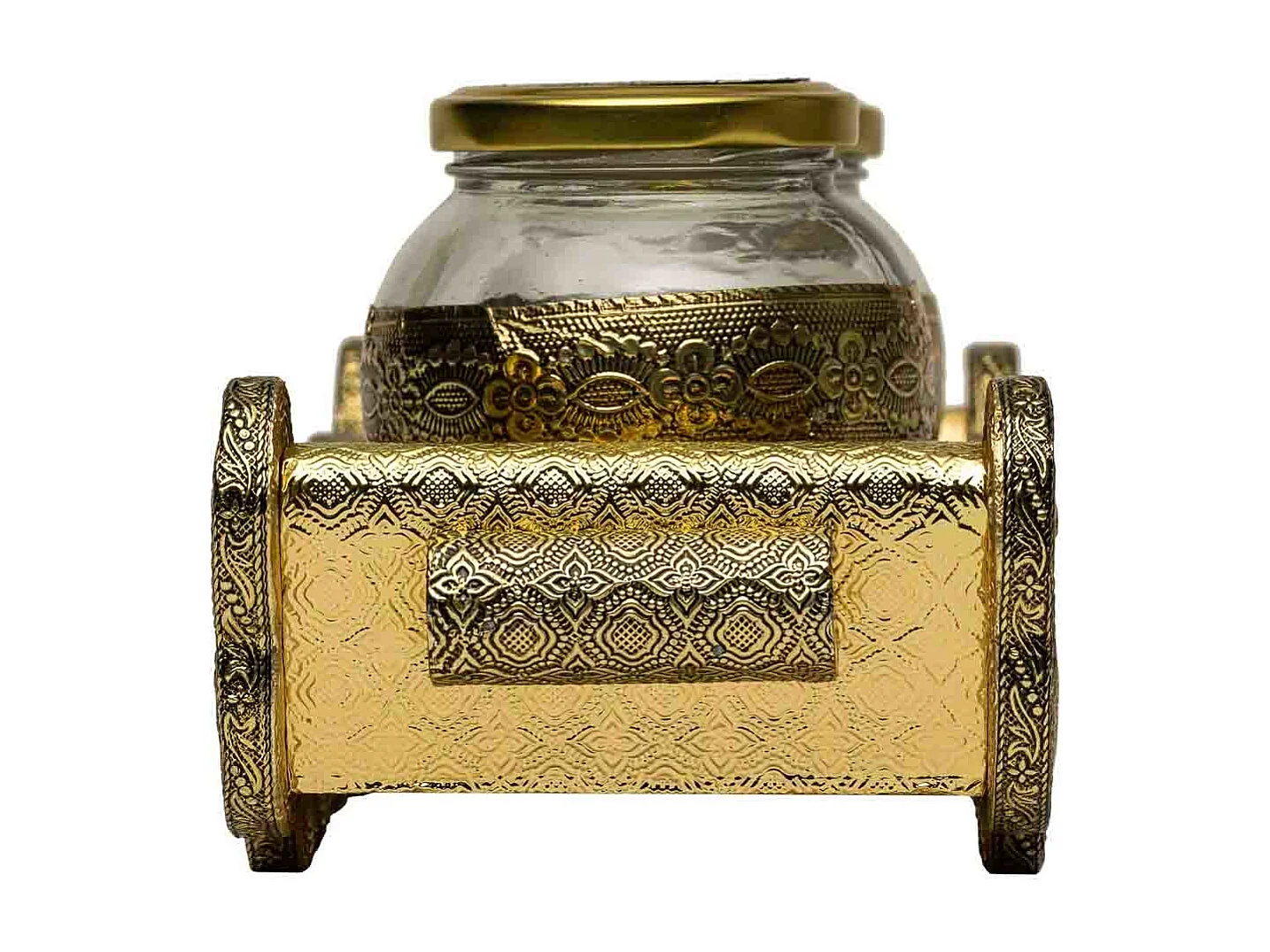 Bandeja de metal com relevo dourado 21x14x5