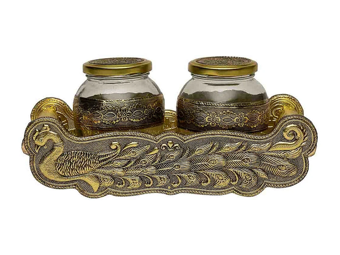 Bandeja de metal com relevo dourado 21x14x5