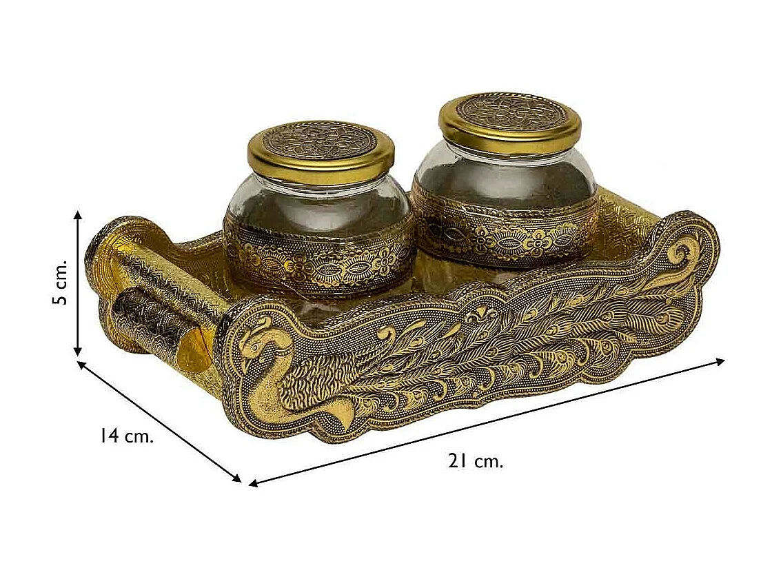 Bandeja de metal com relevo dourado 21x14x5