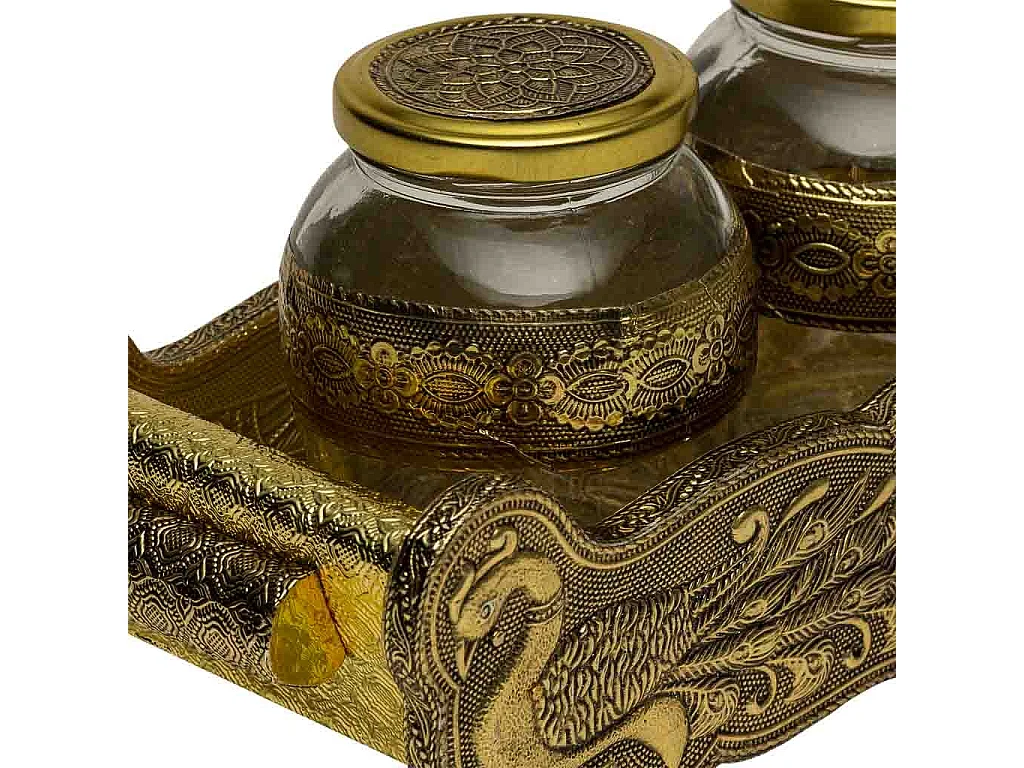 Bandeja de metal com relevo dourado 21x14x5