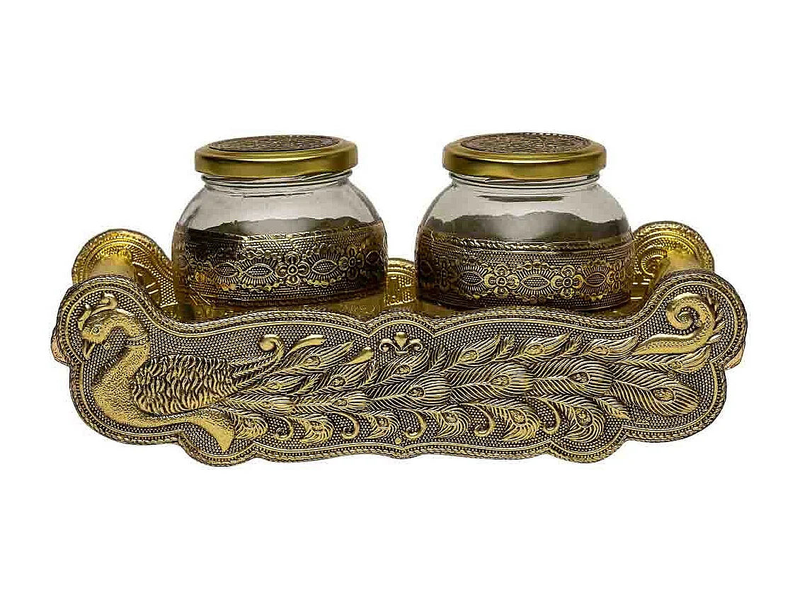 Bandeja de metal com relevo dourado 21x14x5