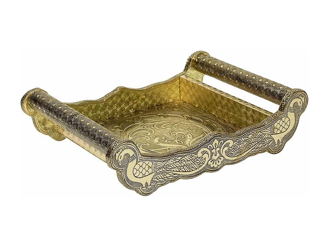 Bandeja de metal com relevo dourado 30x21x6