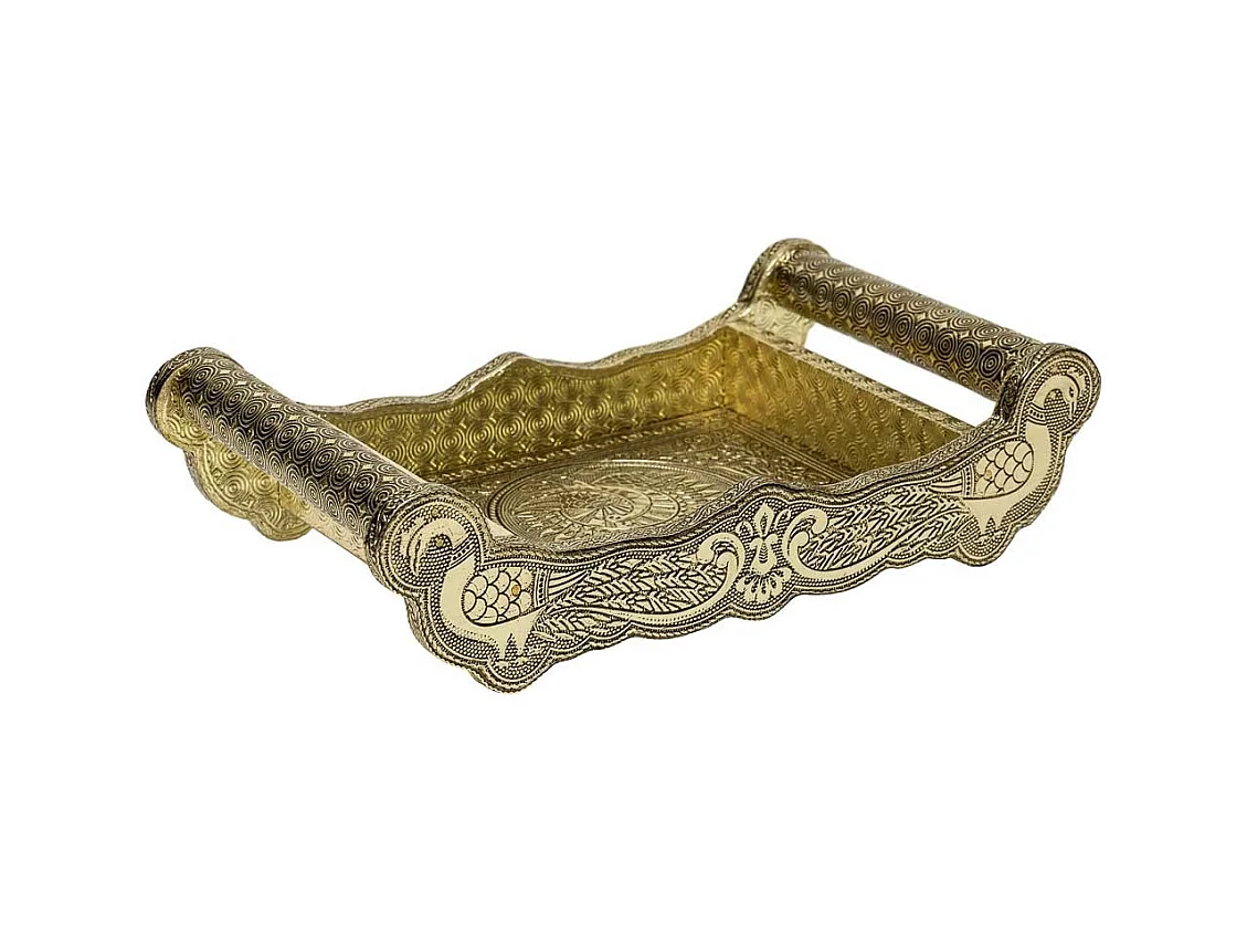 Bandeja de metal com relevo dourado 25x13x6