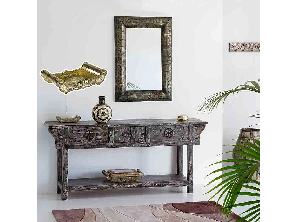 Bandeja de metal com relevo dourado 25x13x6