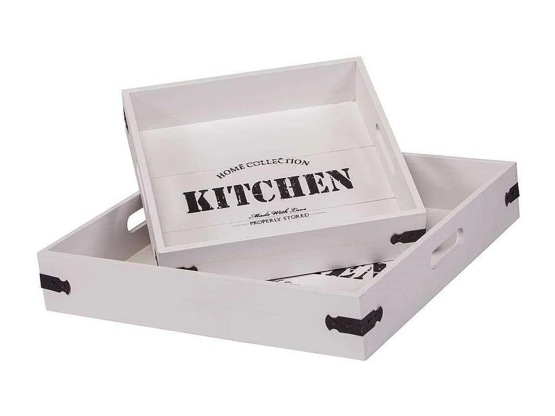 Set mit 2 Holztabletts mit weißem Lack