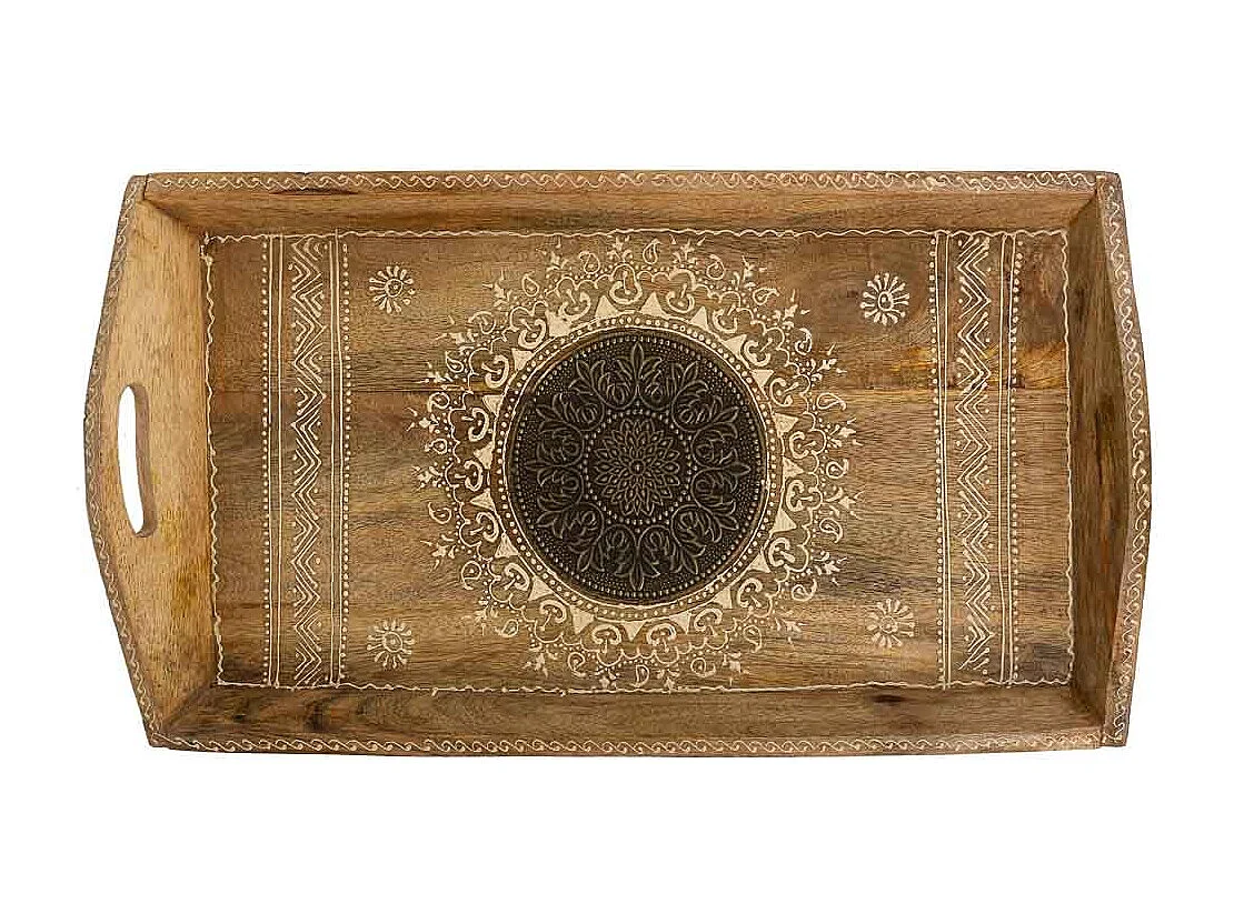 Vassoio artigianale in legno verniciato con 2 manici marrone 48x25x6h