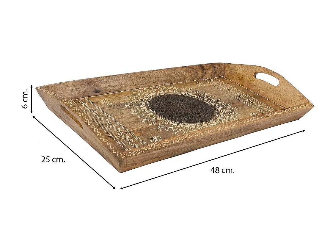 Bandeja de madeira pintada artesanalmente com 2 alças marrons 48x25x6