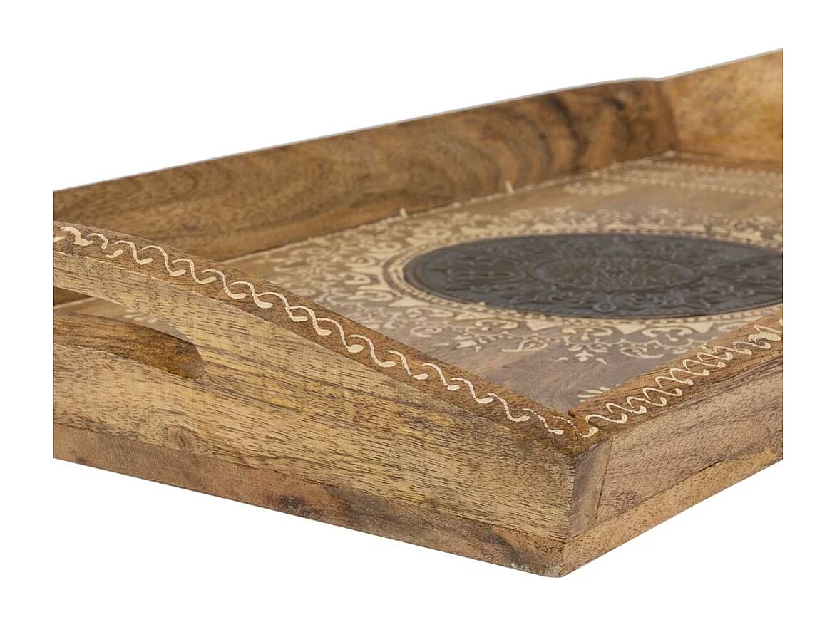 Bandeja de madeira pintada à mão com 2 asas castanho 48x25x6h cm