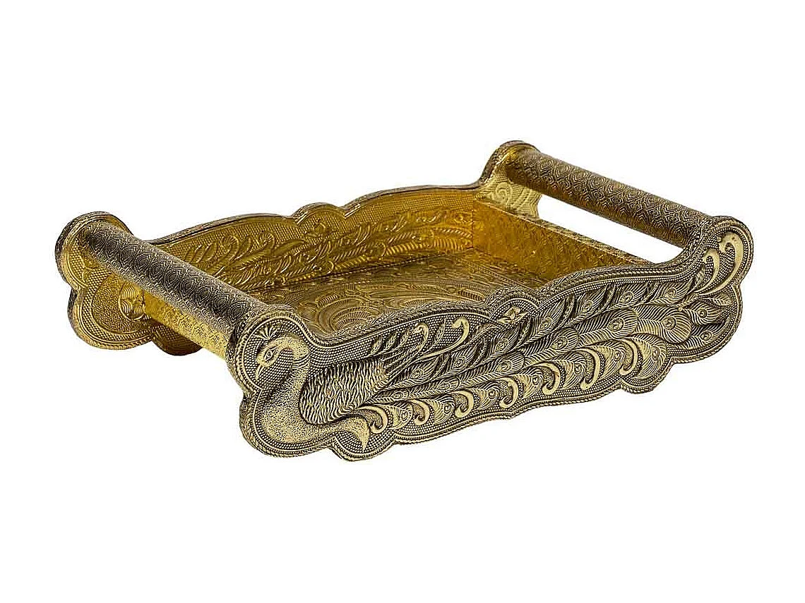 Bandeja de metal com relevo dourado 25x13x6