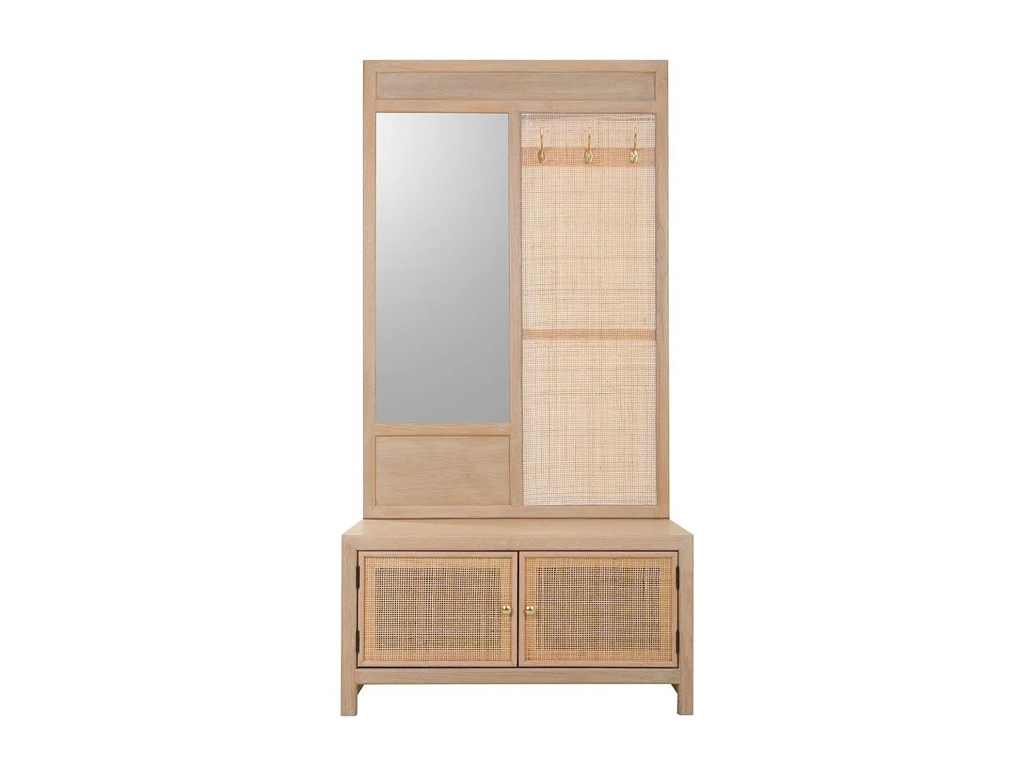 Flurbank aus Holz und braunem Netz 90x8x181h-90x39x46h cm