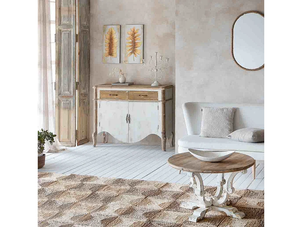 Table basse en bois finition blanche vieillie 80x80x47h cm