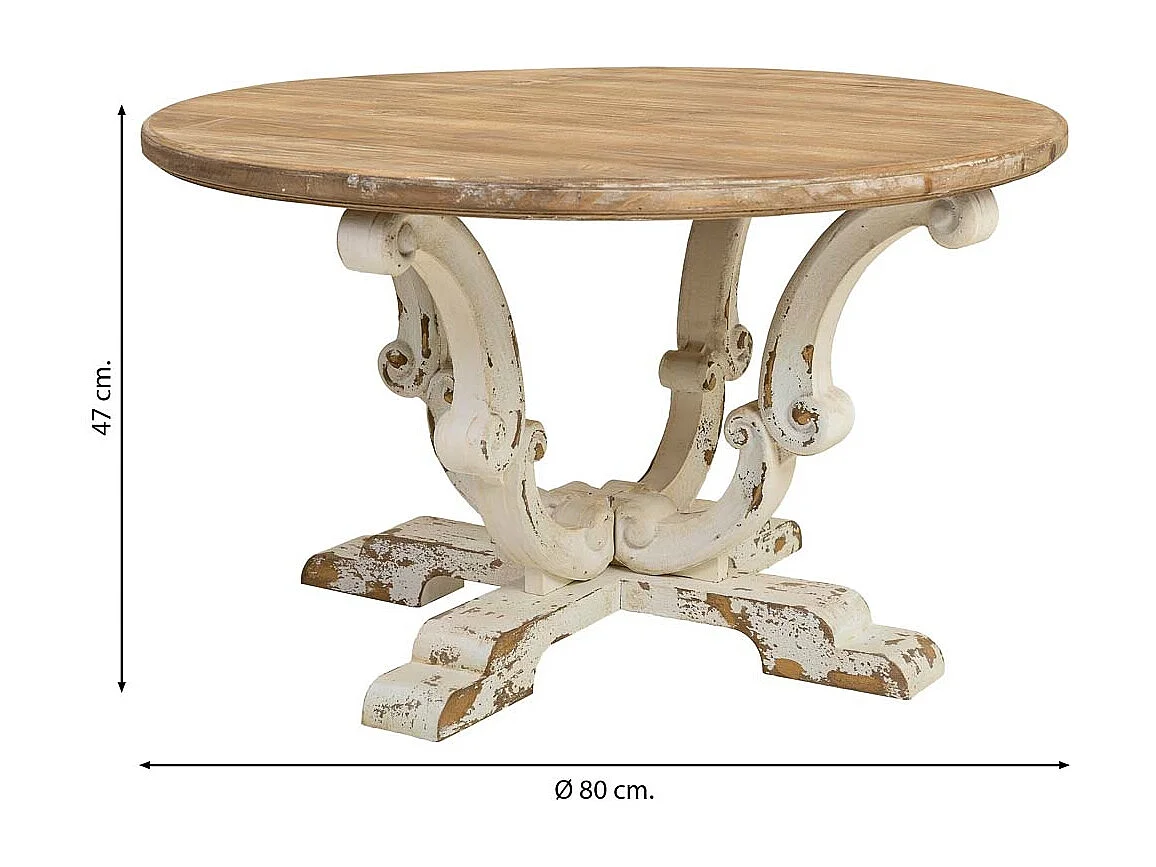 Table basse en bois finition blanche vieillie 80x80x47h cm