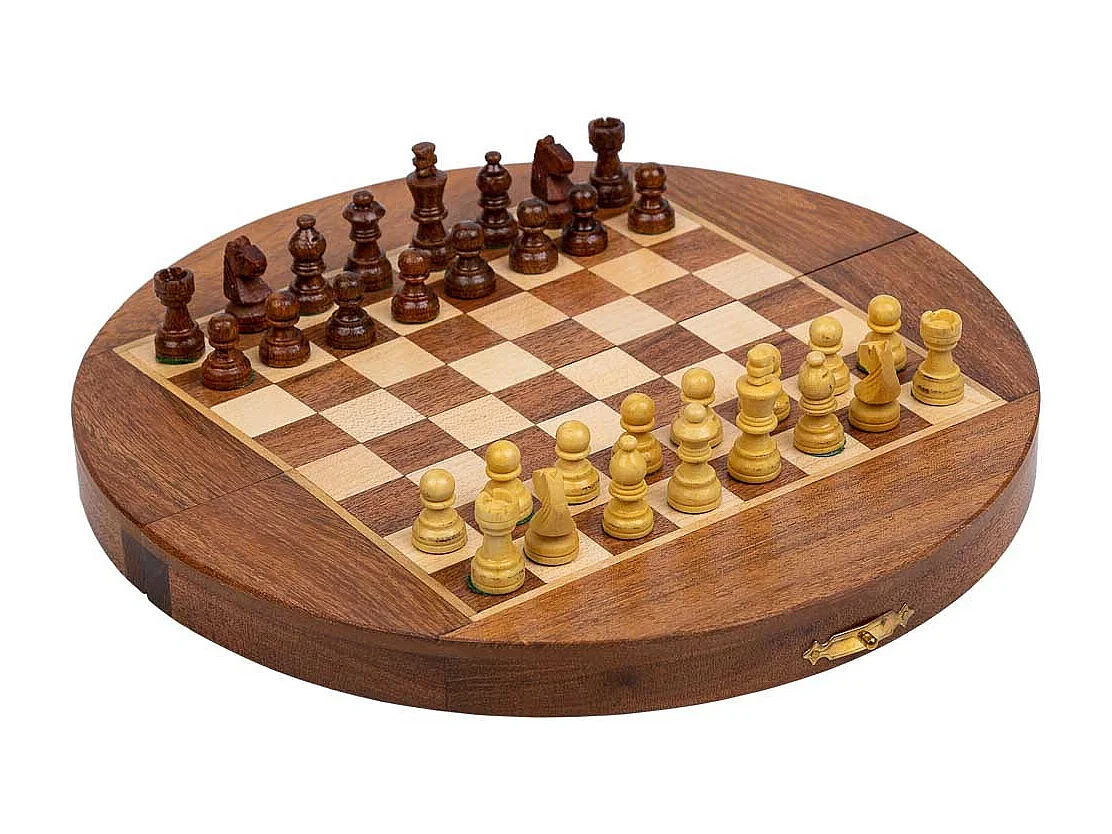 Magnetisches Schach mit brauner, halbrunder Holzbox, T23x2h cm