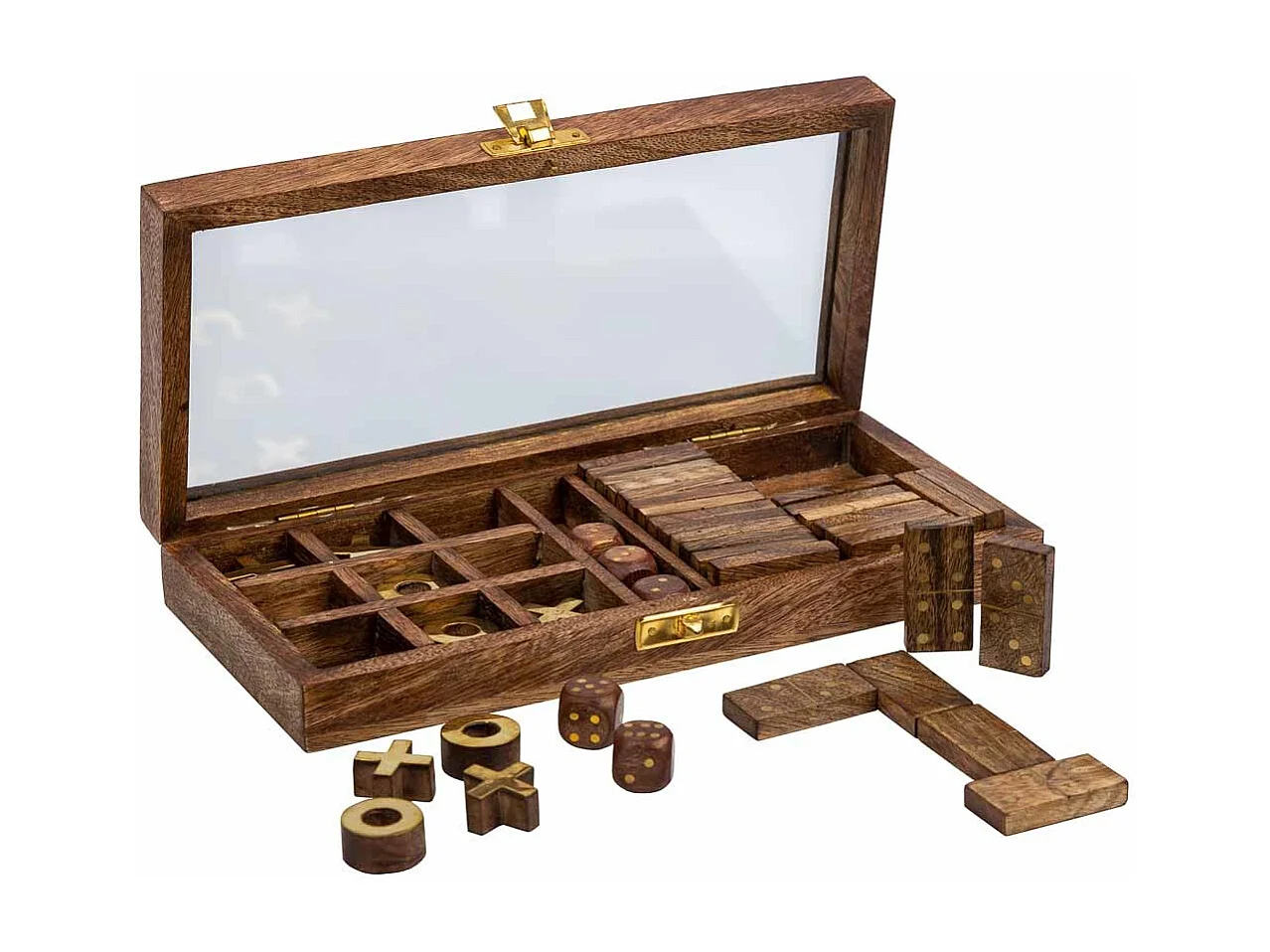 3/1 Spiel (Domino+Würfel+3 in einer Reihe) braunen Holzbox 28x13x4,5