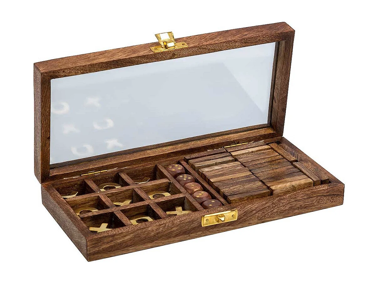 3/1 Spiel (Domino+Würfel+3 in einer Reihe) braunen Holzbox 28x13x4,5