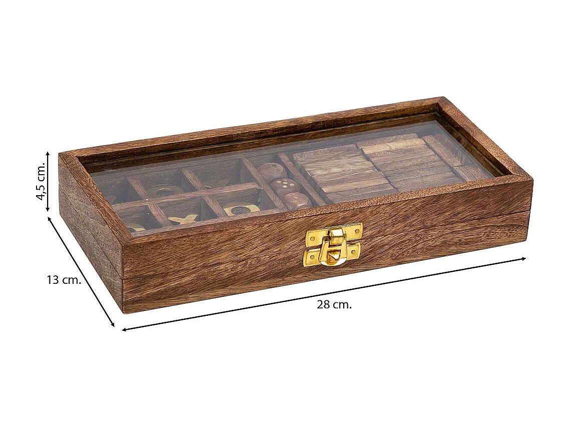 3/1 Spiel (Domino+Würfel+3 in einer Reihe) braunen Holzbox 28x13x4,5