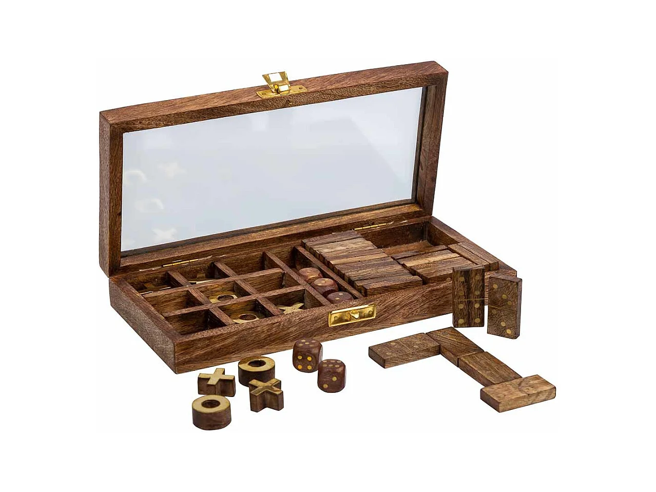 Jeu 3/1 (Dominos+dés+3 d'affilée) dans une boîte, bois marron 28x13x5