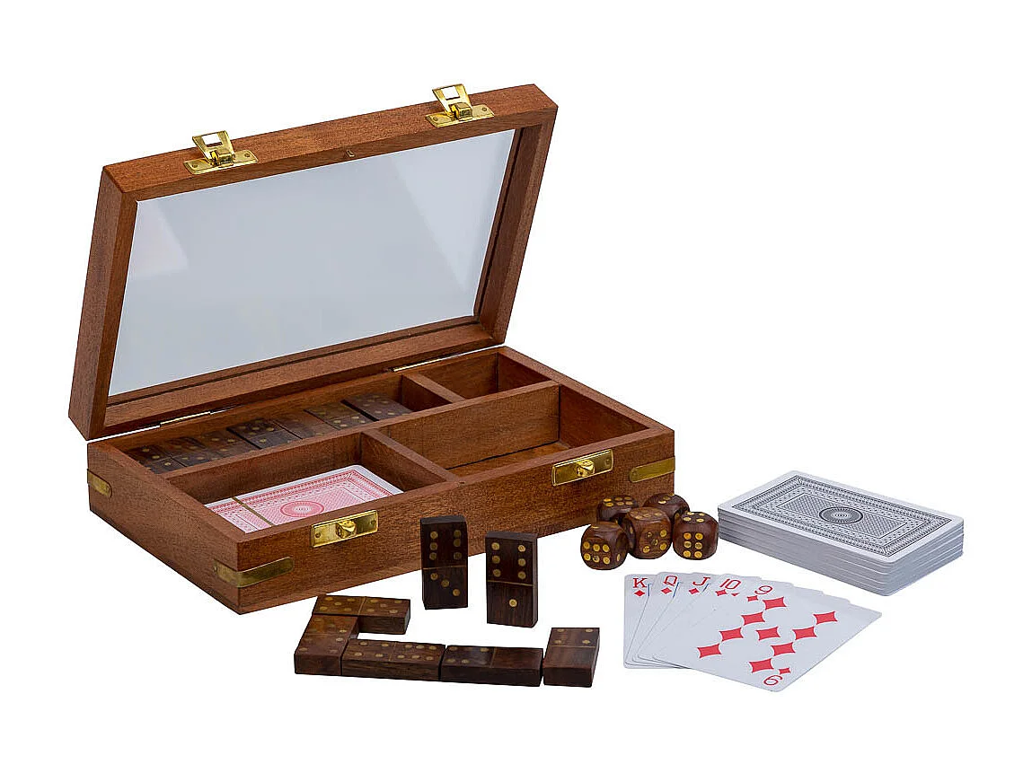 Juego 3/1 (dados+Dominó+cartas) en caja de madera marrón 15.5x12.75x5