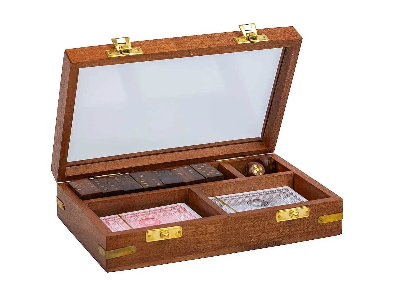 Juego 3/1 (dados+Dominó+cartas) en caja de madera marrón 15.5x12.75x5