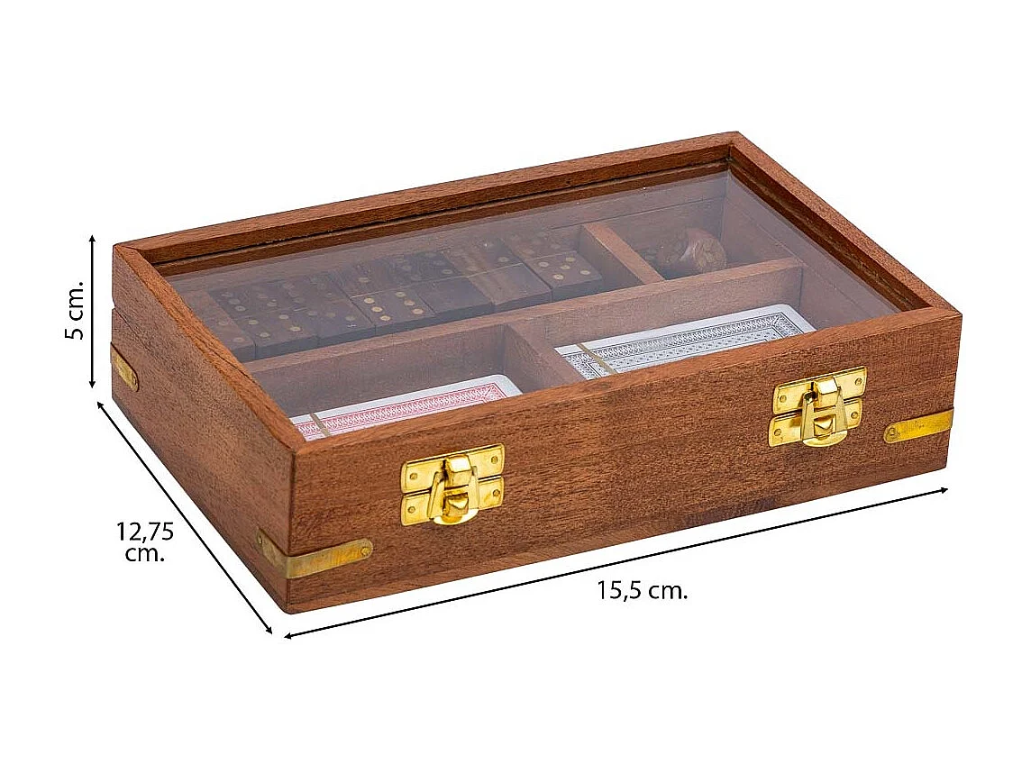 Juego 3/1 (dados+Dominó+cartas) en caja de madera marrón 15.5x12.75x5