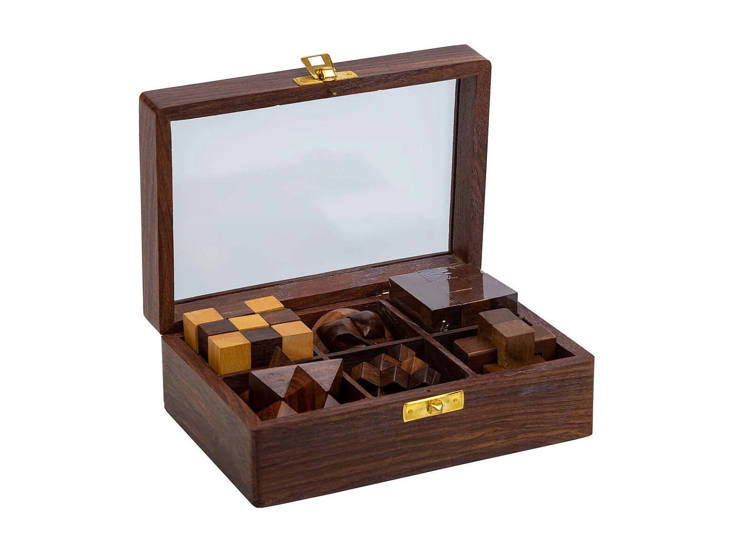 Juego de 6 juegos de rompecabezas en caja de madera marrón 17.5x12x6