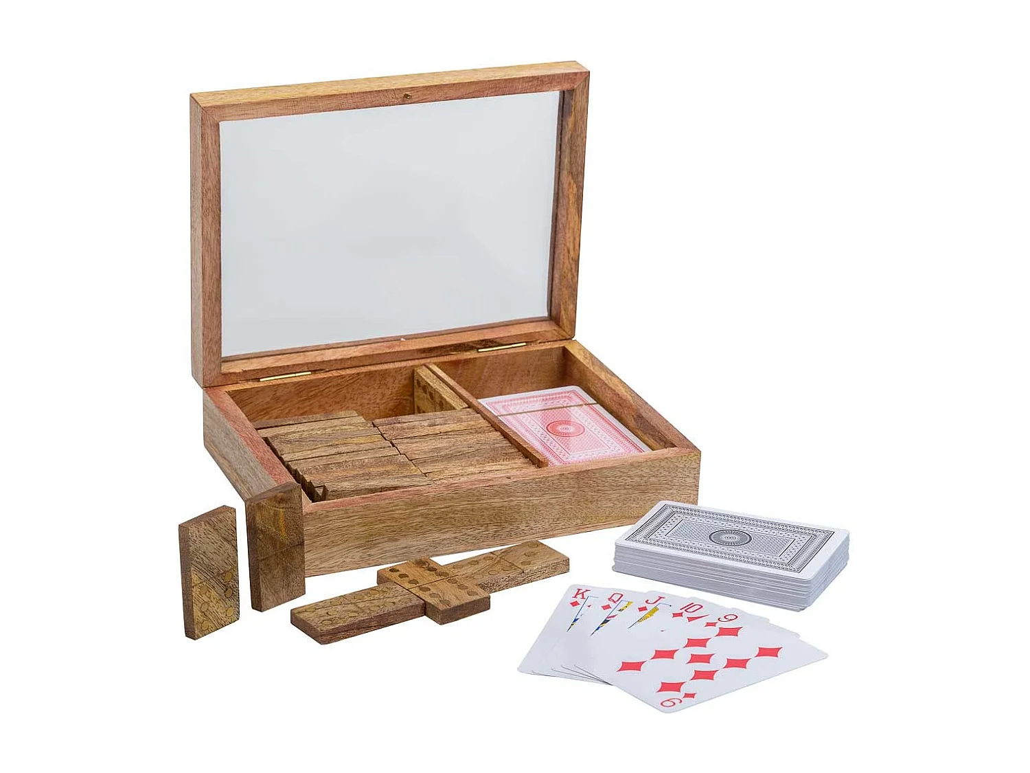 2-in-1-Spiel (Dominosteine+Karten) in brauner Holzkiste 17x12x4h cm