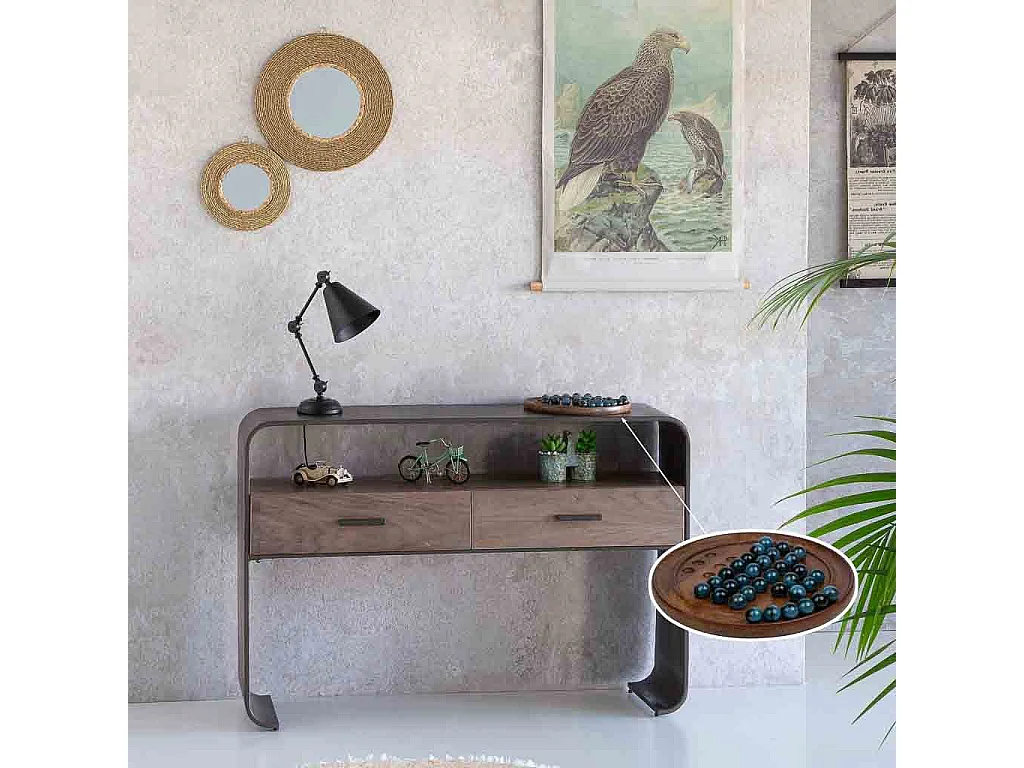 Solitaire en bois, verre et marbre d30x2h