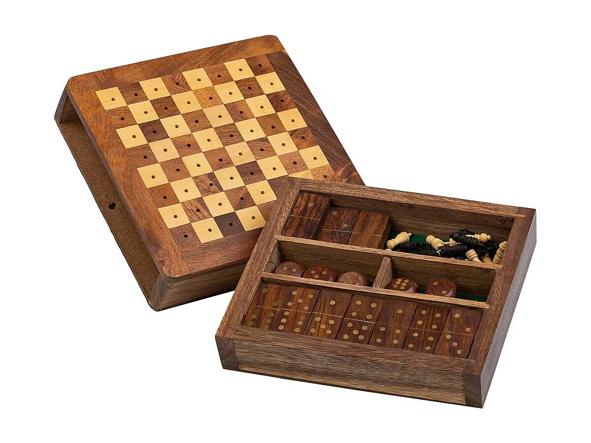 Spiel 3/11 (Schach+Domino+Würfel) in einer braunen Holzbox 15,5x16x3.