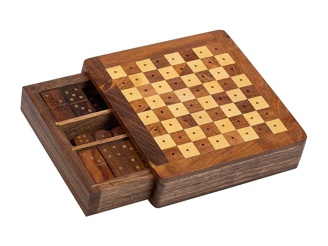 Jeu 3/11 (échecs+dominos+dés) dans une boîte en bois marron 15,5x16x3.
