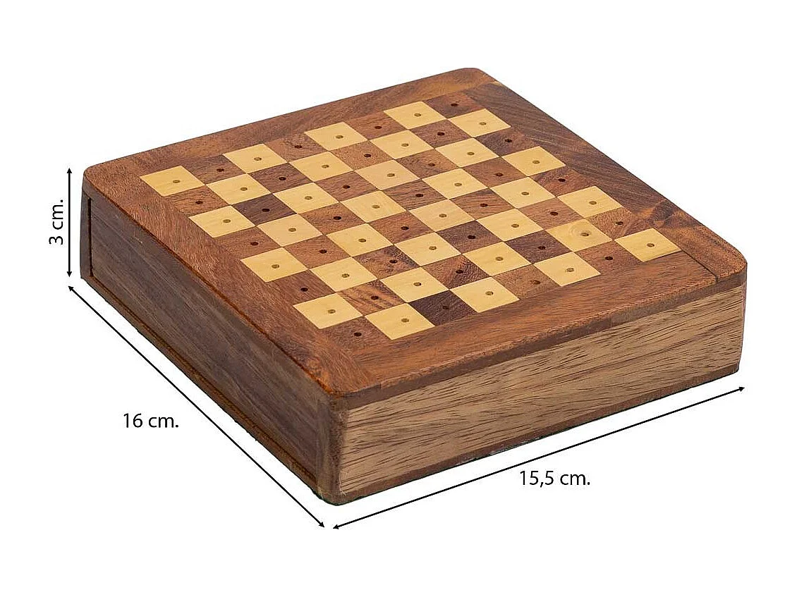 Jeu 3/11 (échecs+dominos+dés) dans une boîte en bois marron 15,5x16x3.