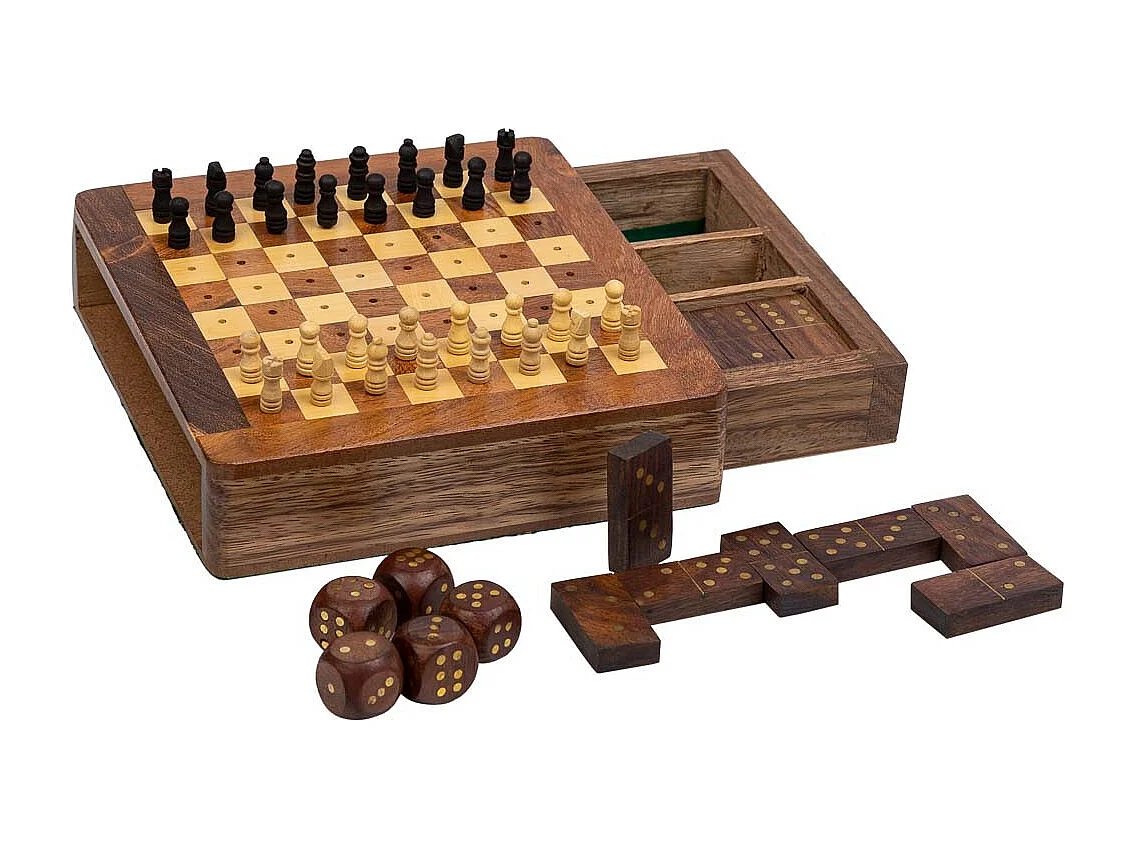 Spiel 3/11 (Schach+Domino+Würfel) in einer braunen Holzbox 15,5x16x3.