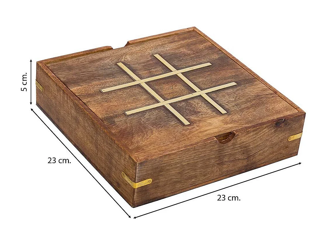 5-in-1-Spiel (3 in einer Reihe+Dominosteine+Würfel+2 Karten+Solitaire) in brauner Holzkiste 23x23xh cm