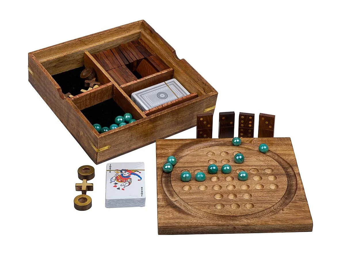 5-in-1-Spiel (3 in einer Reihe+Dominosteine+Würfel+2 Karten+Solitaire) in brauner Holzkiste 23x23xh cm