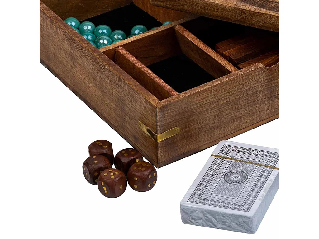 Gioco 5 in 1 (3 di fila+Domino+dadi+2 carte+solitario) in scatola legno marrone 23x23xh