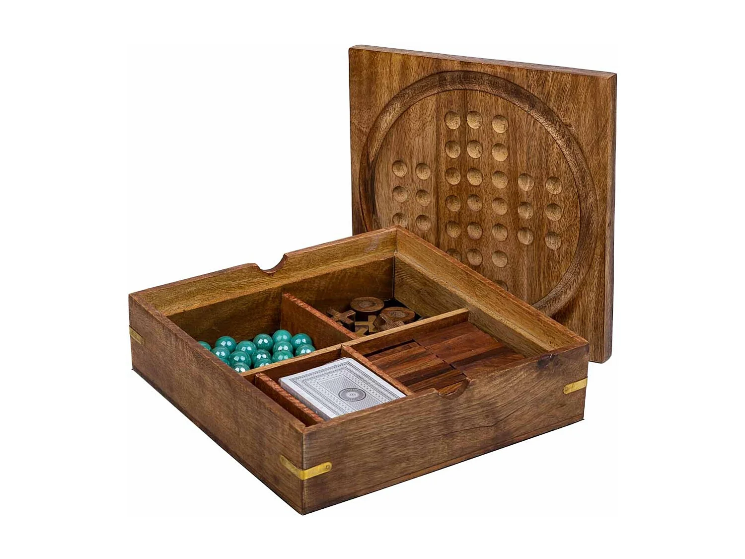 Gioco 5 in 1 (3 di fila+Domino+dadi+2 carte+solitario) in scatola legno marrone 23x23xh