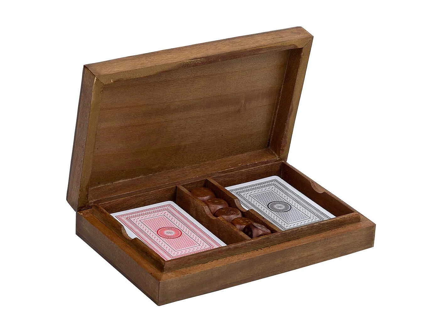 Juego cartas y dados con caja de madera 19x12x4