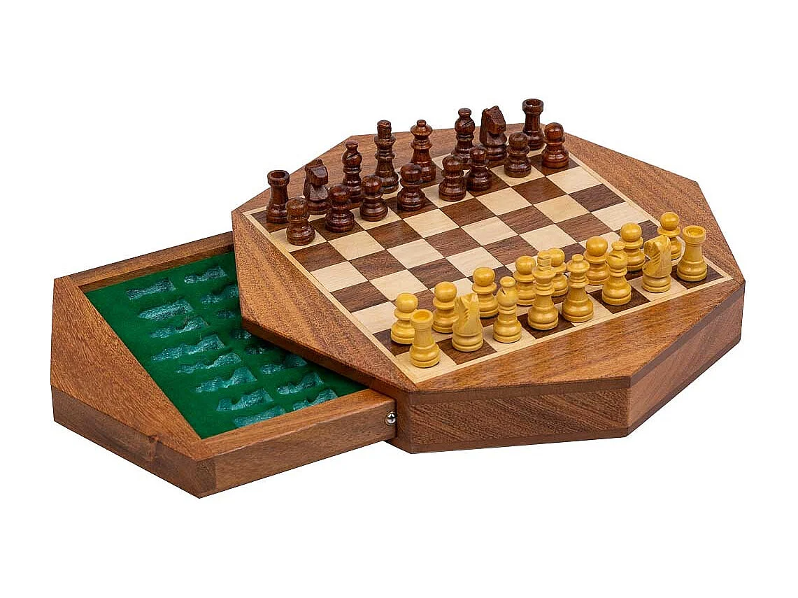 Échiquier magnétique avec tiroir pour pièces en bois marron d22,5x5h